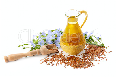 seeds, flax oil and flowers isolated on white background