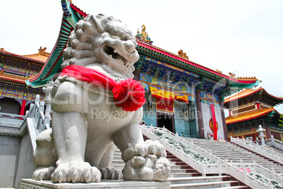 Chinese Lion Stone Sculpture in the Chinese Temple in Nonthaburi