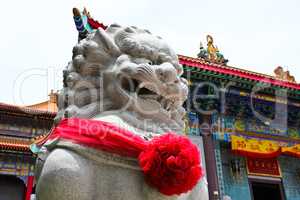 Chinese Lion Stone Sculpture in the Chinese Temple in Nonthaburi