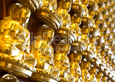 Many small Buddha statue on the wall at chinese temple, Thailand