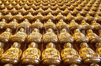 Many small Buddha statue on the wall at chinese temple, Thailand