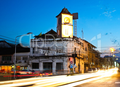 Old building in Phuket town twilight, Thailand.