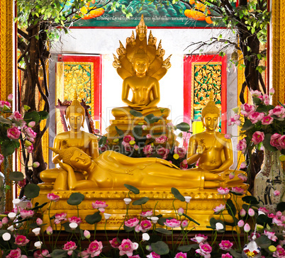 Buddhas inside the Wat Chalong temple, Phuket, Thailand.