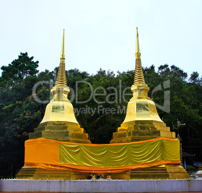 Two golden pagodas in Phra That Doi Tung temple, Chiang Rai prov
