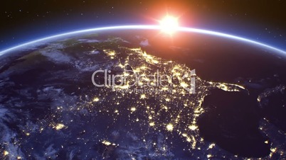 Beautiful Sunrise over the United States of America. Sun Rising over the Earth. Cities at Night. 3d animation in 4k. Ultra HD. Used Photos from NASA.