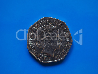 Twenty Pence coin, United Kingdom in London over blue