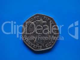 Twenty Pence coin, United Kingdom in London over blue