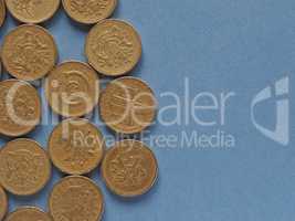 Pound coins, United Kingdom over blue with copy space