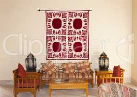Vintage turkish arabian or indian lantern interior. Pillow on sofa decoration interior with morocco style photo