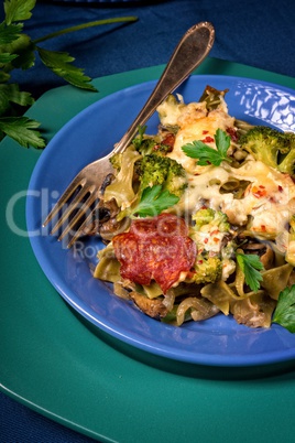 Ribbon pasta Casserole with chorizo and vegetables