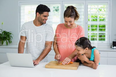 Mother chopping vegetables and daughter watching her Mother chopping vegetables and daughter watching her