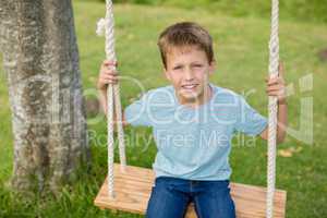 Happy boy sitting on a swing in park