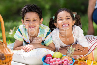 Two siblings relaxing together in park