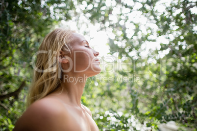 Beautiful woman meditating against bright sunlight