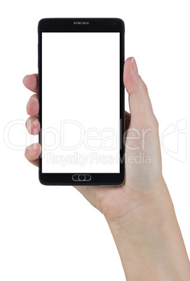 Female Hand Holding Smart Phone with Blank Screen on White