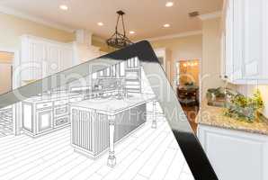 Computer Tablet Showing Drawing of Kitchen Photograph Behind