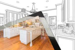 Computer Tablet Showing Photograph of Kitchen Drawing Behind