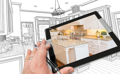 Hand on Computer Tablet Showing Photo of Kitchen Drawing Behind.