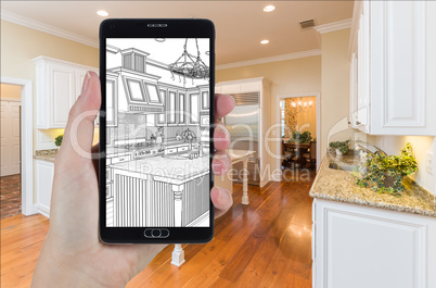 Hand Holding Smart Phone Displaying Drawing of Kitchen Photo Beh