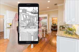 Hand Holding Smart Phone Displaying Drawing of Kitchen Photo Beh