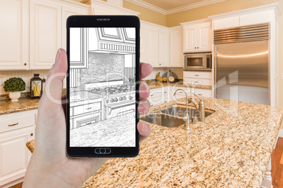 Hand Holding Smart Phone Displaying Drawing of Kitchen Photo Beh