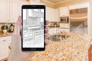 Hand Holding Smart Phone Displaying Drawing of Kitchen Photo Beh