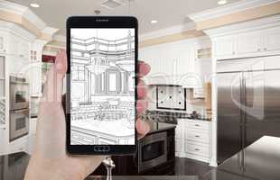 Hand Holding Smart Phone Displaying Drawing of Kitchen Photo Beh