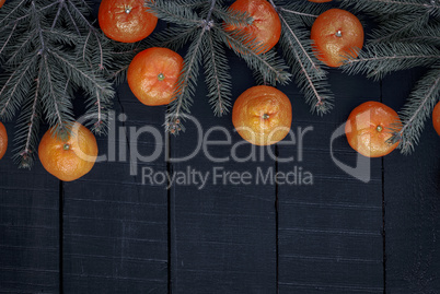 Branch ate with ripe tangerines on a black wooden surface, top v