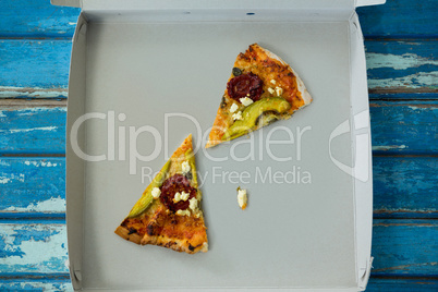 Two slice of italian pizza served in a opened box