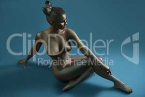 Naked model covered with silver bodyart paint