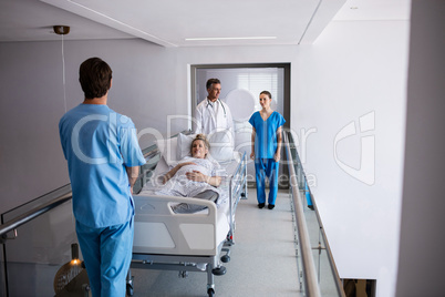 Team of doctors interacting with each other while examining pregnant woman