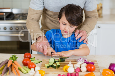 Father and son slicing a cucumber on chopping board in kitchen