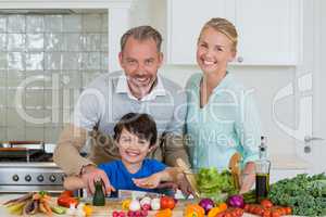 Smiling parents and son chopping vegetable in kitchen