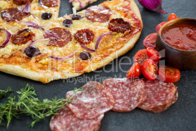 Italian pizza with various ingredients and salami