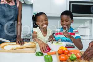 Kids preparing salad while mother cutting bread loaf in kitchen