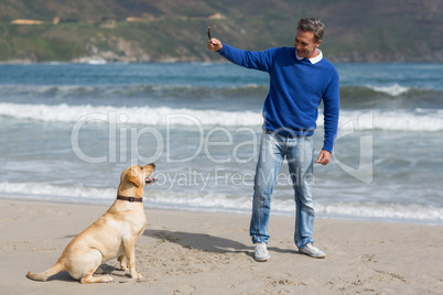 Mature man playing with dog on the beach