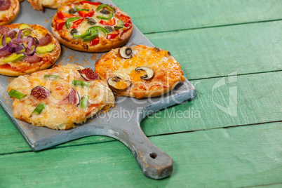 Various delicious italian pizza served on pizza tray