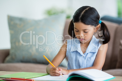 Attentive girl doing her homework in living room