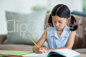 Attentive girl doing her homework in living room