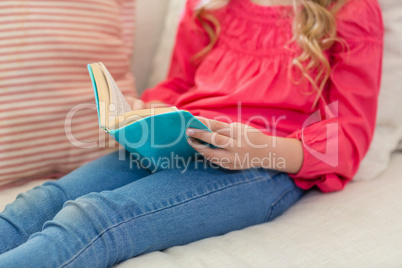 Girl reading a book on sofa in living room