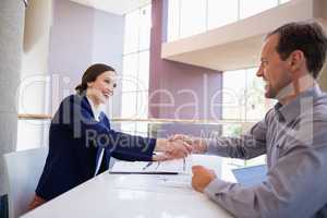 Businesswoman shaking hands with colleague at desk