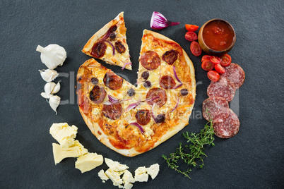 Italian pizza with various ingredients and salami