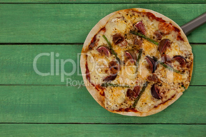 Delicious italian pizza served on pizza peel