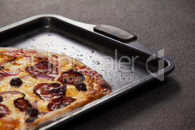 Delicious italian pizza served on tray