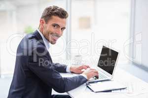 Portrait of a businessman using laptop at desk