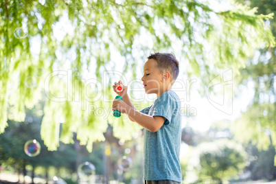 Boy blowing bubbles in park