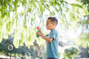 Boy blowing bubbles in park