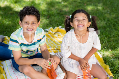 Two siblings sitting together in park