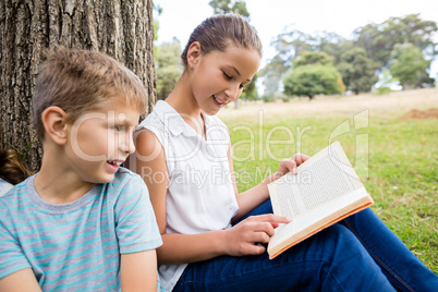 Kids reading book in park