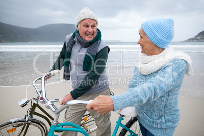 Senior couple standing with bicycles on the beach